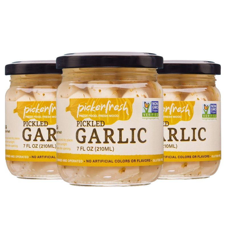 Pickerfresh Pickled Garlic - Gourmet Garlic Cloves - Simple Ingredients - Non-GMO, Gluten Free &amp; No Artificial Color - 7 oz (3 Pack)