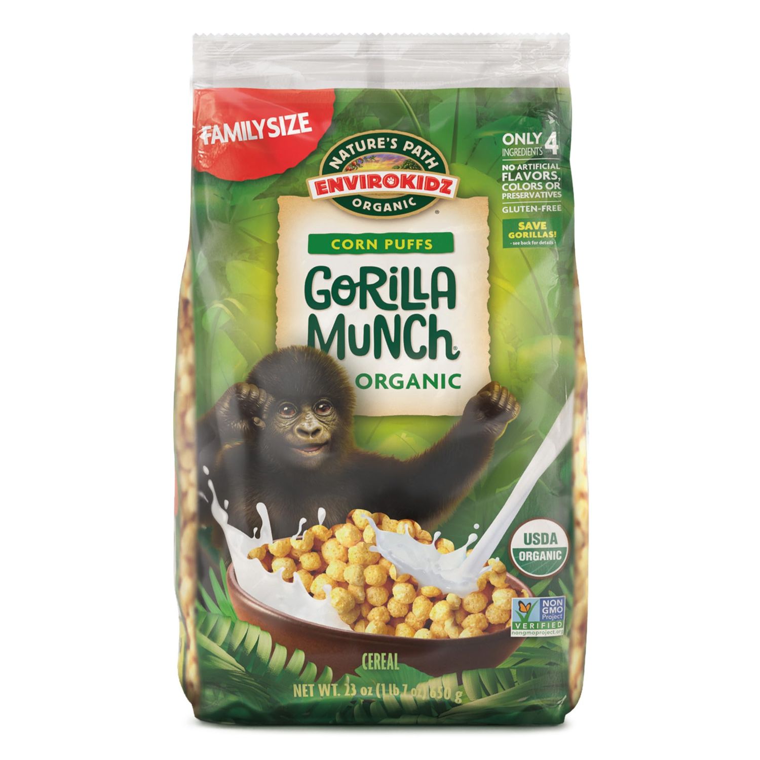 EnviroKidz Organic Gorilla Munch Cereal, 23 oz (Pack of 6), Corn Puffs, Gluten Free, Earth Friendly Packaging, by Nature&#39;s Path