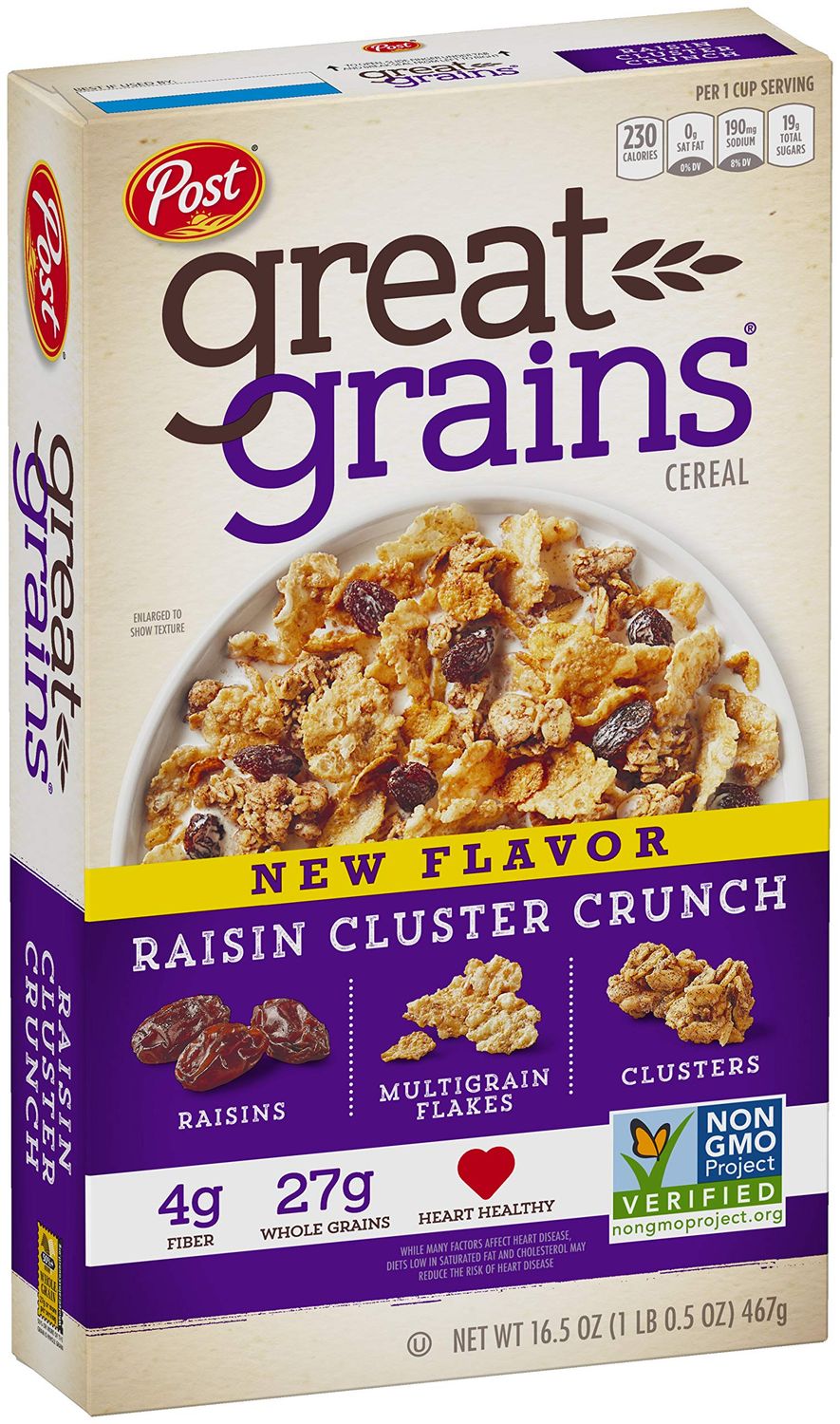 Post Great Grains Raisins Cluster Crunch Breakfast Cereal, Non GMO Project Verified, Heart Healthy, Low Fat, Whole Grain Cereal 16.5 Ounce Box (Pack of 12)