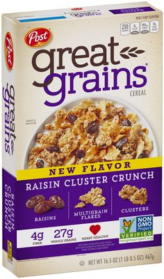 Post Great Grains Raisins Cluster Crunch Breakfast Cereal, Non GMO Project Verified, Heart Healthy, Low Fat, Whole Grain Cereal 16.5 Ounce Box (Pack of 12)