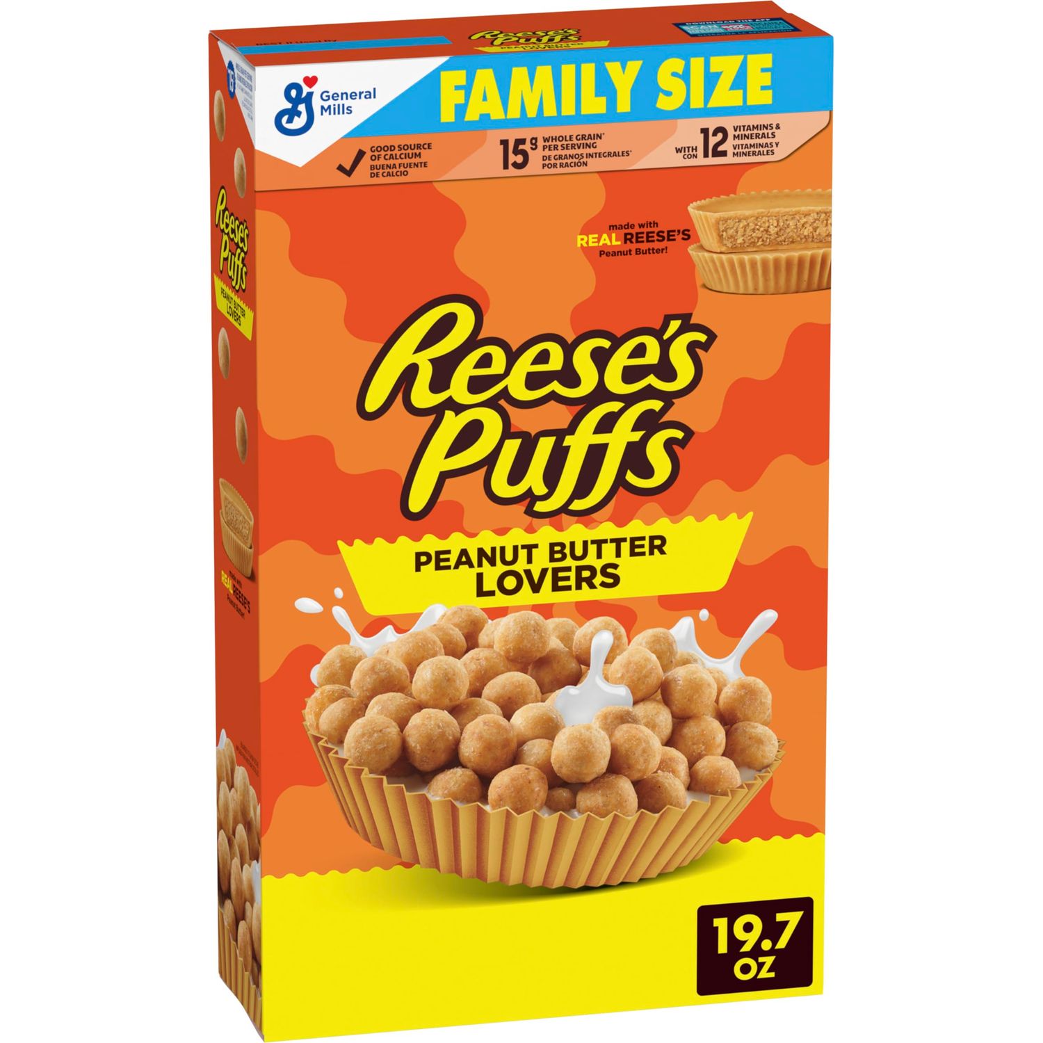 REESES PUFFS Peanut Butter Lovers Breakfast Cereal, Made with Whole Grain and Real REESES Peanut Butter, Family Size, 19.7 oz