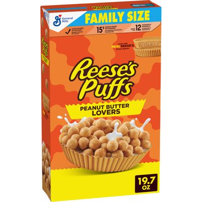 REESES PUFFS Peanut Butter Lovers Breakfast Cereal, Made with Whole Grain and Real REESES Peanut Butter, Family Size, 19.7 oz