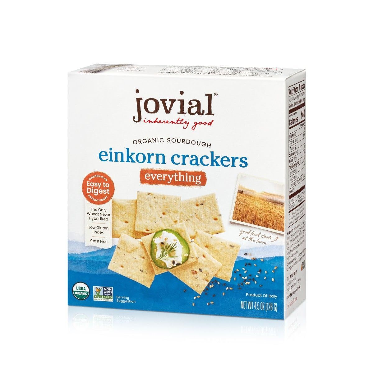 Jovial Organic Sourdough Einkorn Everything Crackers - Sourdough Crackers for Cheese Platter, Made with Einkorn, USDA Organic, Non-GMO - 4.5 Oz
