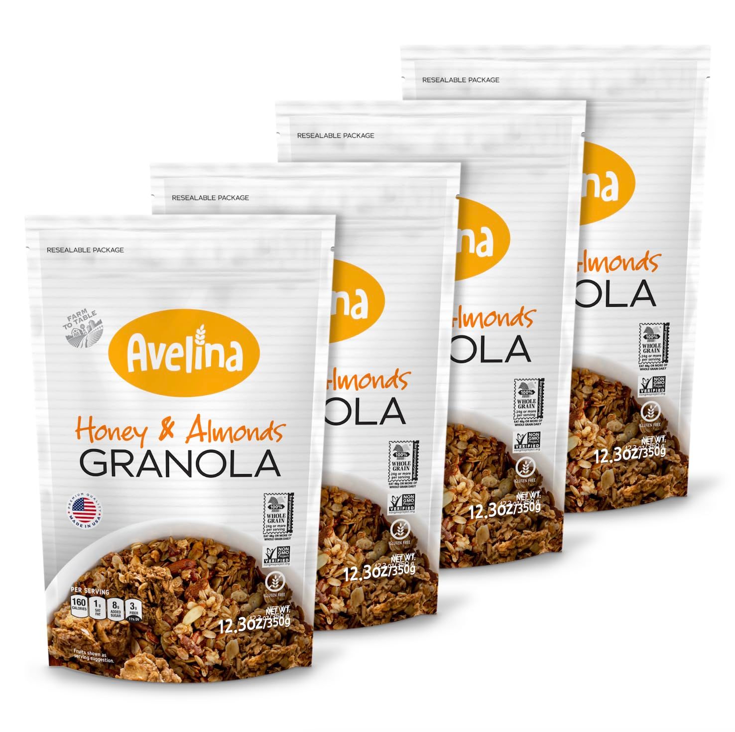 Avelina Gluten Free Granola Honey &amp; Almonds - Healthy Oatmeal-Based Cereal - Kosher, Non-Gmo - (12.3 oz, 4-Pack)