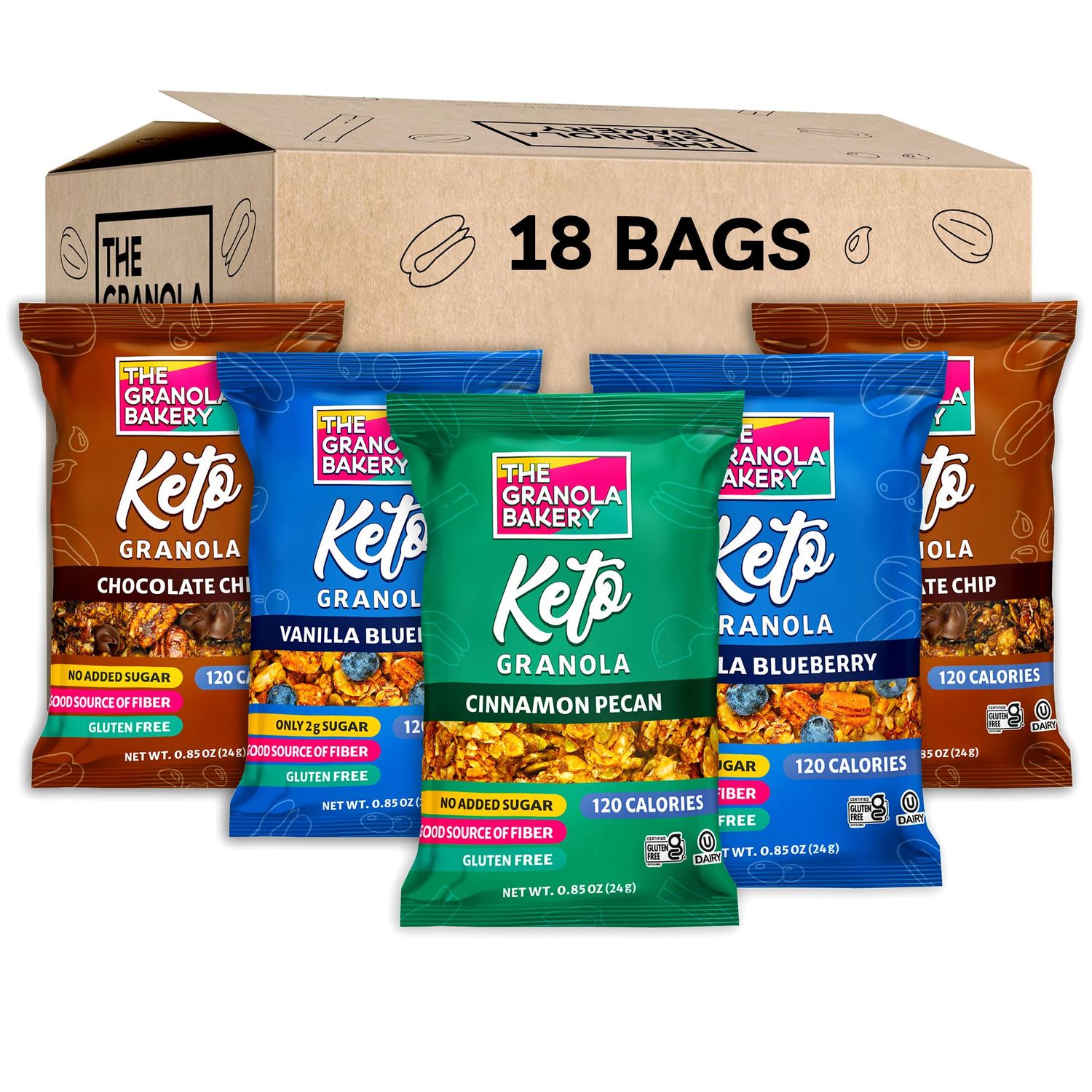 TGB Variety Granola Bites, Cinnamon, Blueberry &amp; Chocolate Chip, Keto Snack, No Added Sugar, Gluten Free, 0.85oz Bag (Pack of 18)