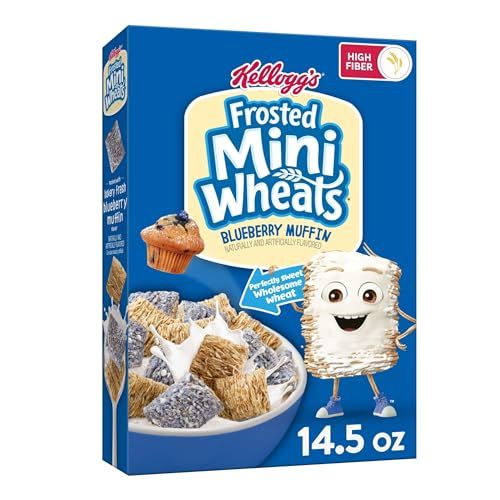 Kellogg&#39;s Frosted Mini Wheats Breakfast Cereal, Fiber Cereal, Kids Snacks, Blueberry Muffin, 14.3oz Box (1 Box)