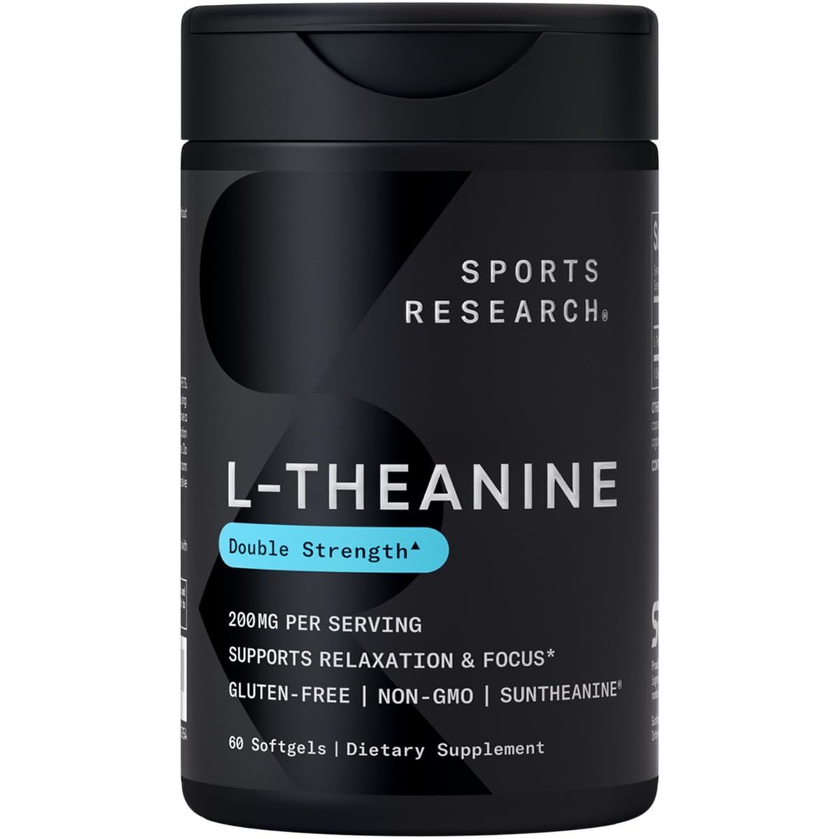 Sports Research Double Strength L-Theanine Supplement - Suntheanine Softgels for Focus, Relaxation &amp; Alertness - Non-Drowsy Support Made with Coconut Oil, Non-GMO &amp; Gluten Free - 200mg, 60 Count