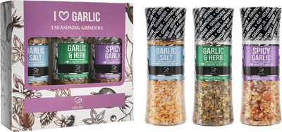 Soeos Spice Seasoning Set of 3 with Integrated Grinders, Spicy Garlic, Garlic &amp; Herbs, Garlic Salt, Seasoning Gift Set.