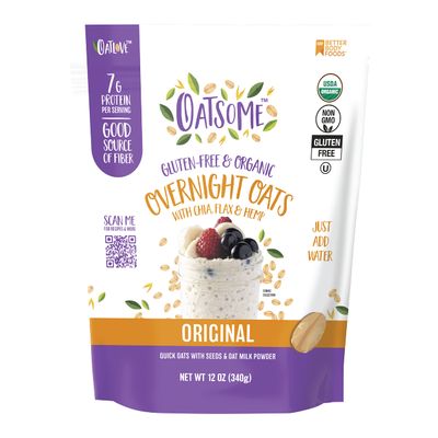 Oatsome Organic Overnight Oats with Chia, Flax, &amp; Hemp, Gluten-Free Oatmeal with 7g of Protein, 12oz Bag