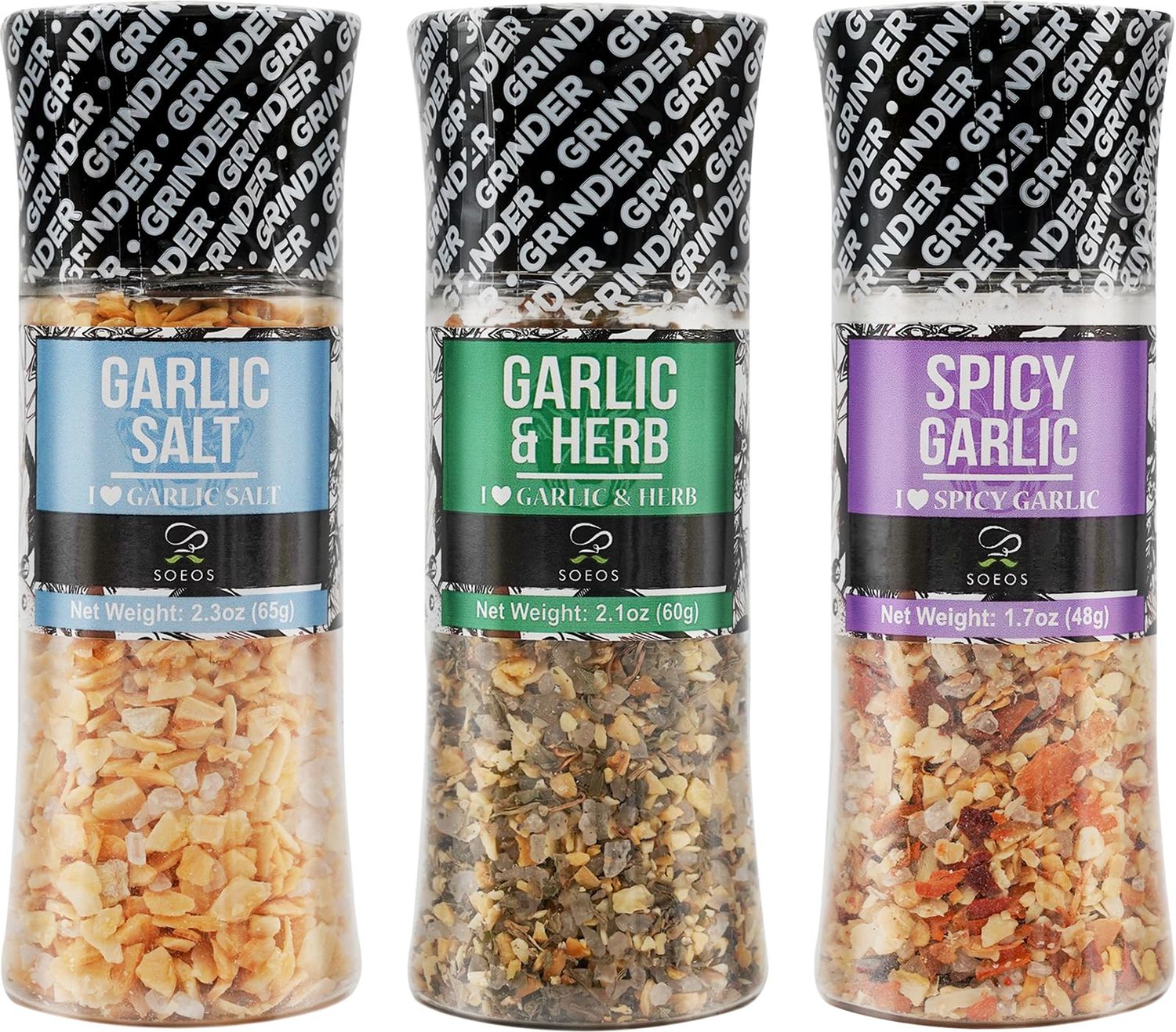 Soeos Spice Seasoning Set of 3 with Integrated Grinders, Spicy Garlic, Garlic &amp; Herbs, Garlic Salt, Seasoning Gift Set.
