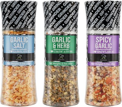 Soeos Spice Seasoning Set of 3 with Integrated Grinders, Spicy Garlic, Garlic &amp; Herbs, Garlic Salt, Seasoning Gift Set.