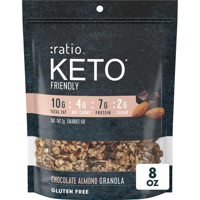 Ratio Trio Chocolate Almond Granola Cereal, 2g Sugar, Keto Friendly, 8 oz Resealable Cereal Bag