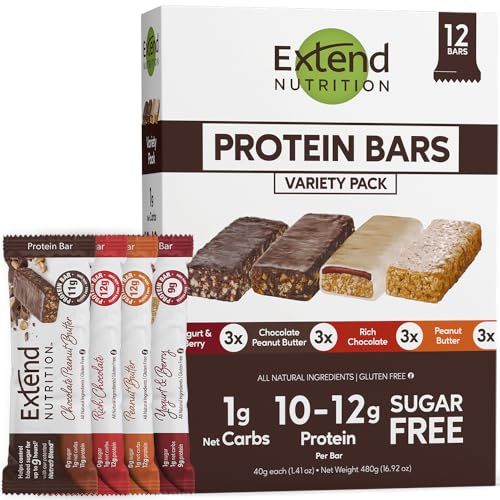 Extend Nutrition Sugar Free Protein Bars, High Protein Bars for Hunger Control &amp; Steady Energy, Perfect Sugar Free Snacks for Diabetes, Low Carb, Keto Friendly, 4 Great Flavors Variety Pack, 12 Count