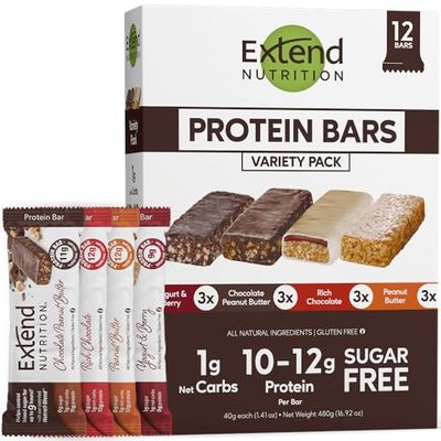 Extend Nutrition Sugar Free Protein Bars, High Protein Bars for Hunger Control &amp; Steady Energy, Perfect Sugar Free Snacks for Diabetes, Low Carb, Keto Friendly, 4 Great Flavors Variety Pack, 12 Count