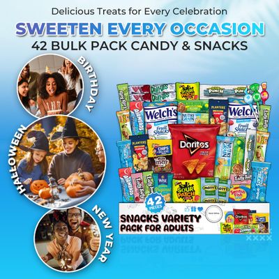 Ultimate Christmas Snacks Box, Assorted Snacks Variety Pack for Adults, Chips, Candies 42 count - Christmas Care Package for Women, College Students