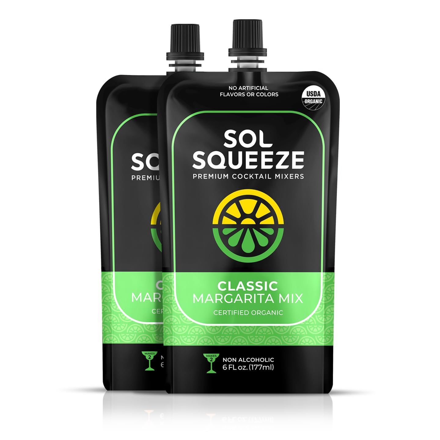 Sol Squeeze Classic Margarita Mix - Organic, Non-GMO, and Portable 2-4 Drink Pouch with Real Fruit Blend, Cocktail or Non-Alcoholic Mocktail , Gluten-Free, for Holiday Present &amp; Gift Ideas - 2 Pack