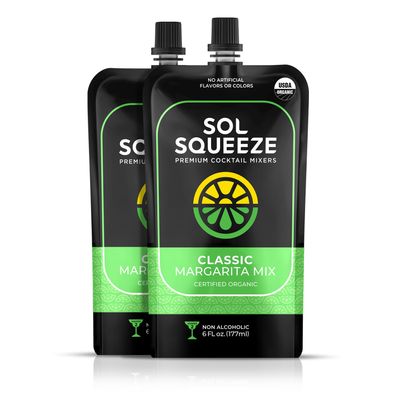 Sol Squeeze Classic Margarita Mix - Organic, Non-GMO, and Portable 2-4 Drink Pouch with Real Fruit Blend, Cocktail or Non-Alcoholic Mocktail , Gluten-Free, for Holiday Present &amp; Gift Ideas - 2 Pack