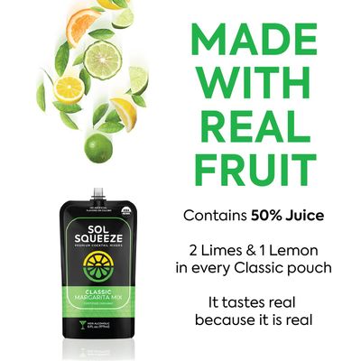 Sol Squeeze Classic Margarita Mix - Organic, Non-GMO, and Portable 2-4 Drink Pouch with Real Fruit Blend, Cocktail or Non-Alcoholic Mocktail , Gluten-Free, for Holiday Present &amp; Gift Ideas - 2 Pack