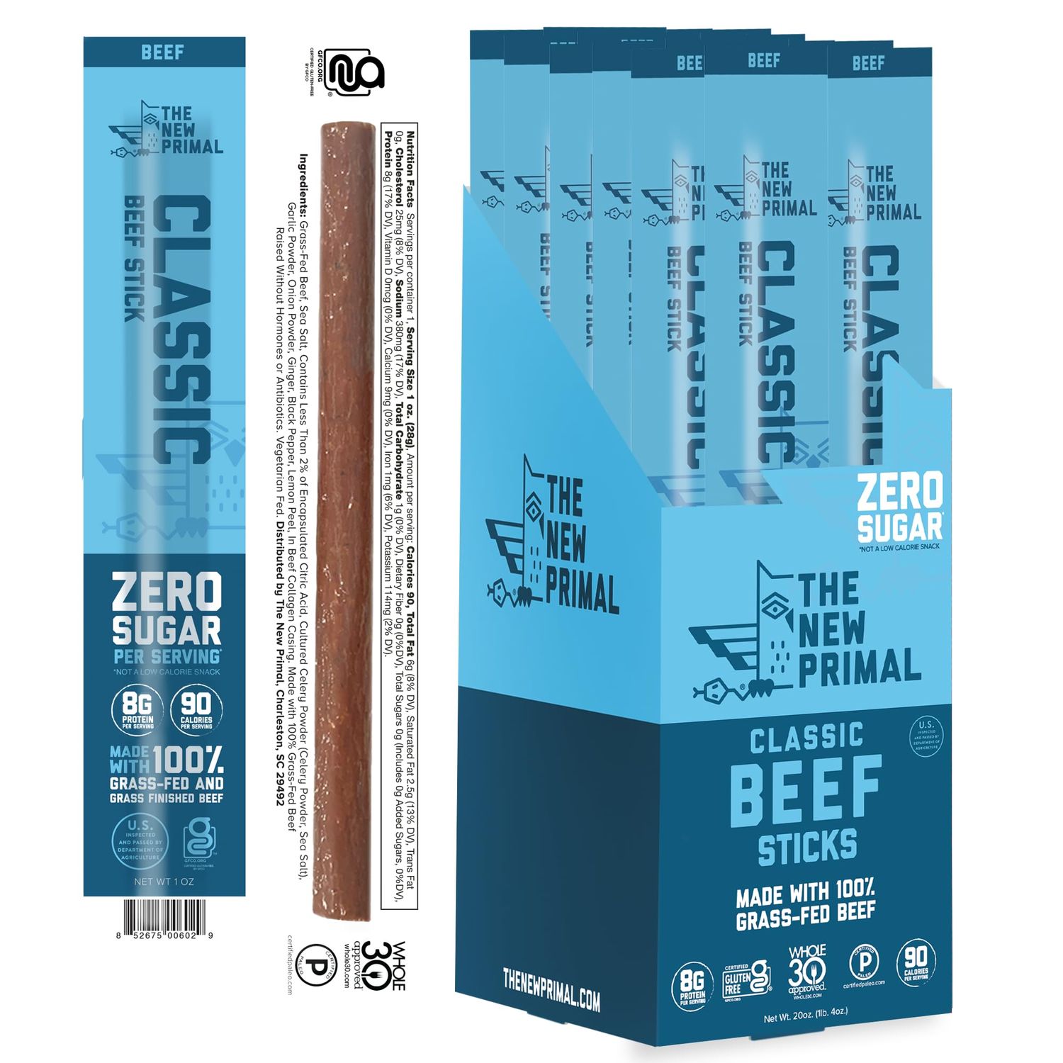 The New Primal Grass Fed Beef Sticks, Keto, Gluten Free Healthy Snacks, Sugar Free Low Carb High Protein Snack, Jerky Meat Stick, 8g Protein, 20 Ct