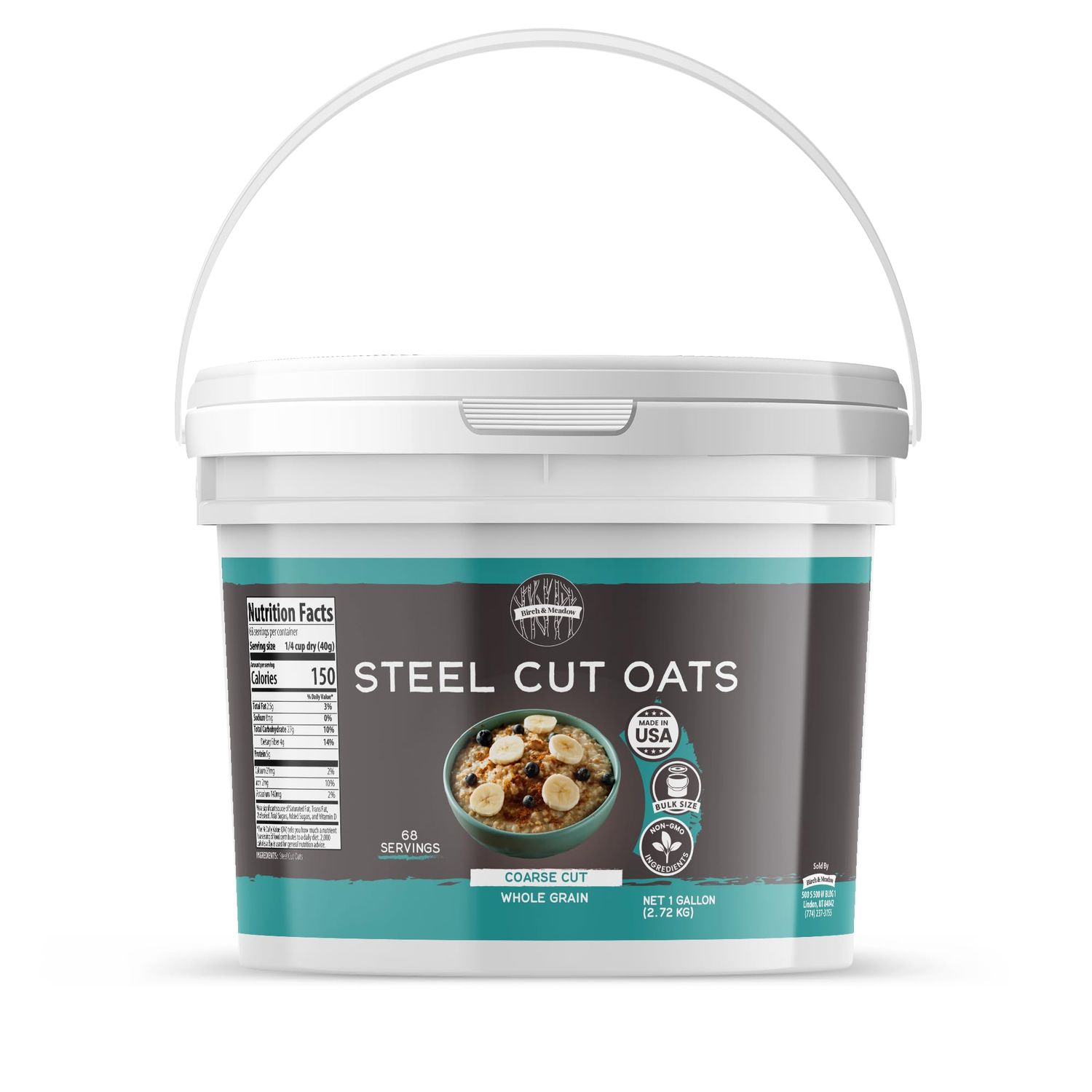 Birch &amp; Meadow Steel Cut Oats, 1 Gallon Bucket, Whole Grain, Irish Oatmeal, Breakfast