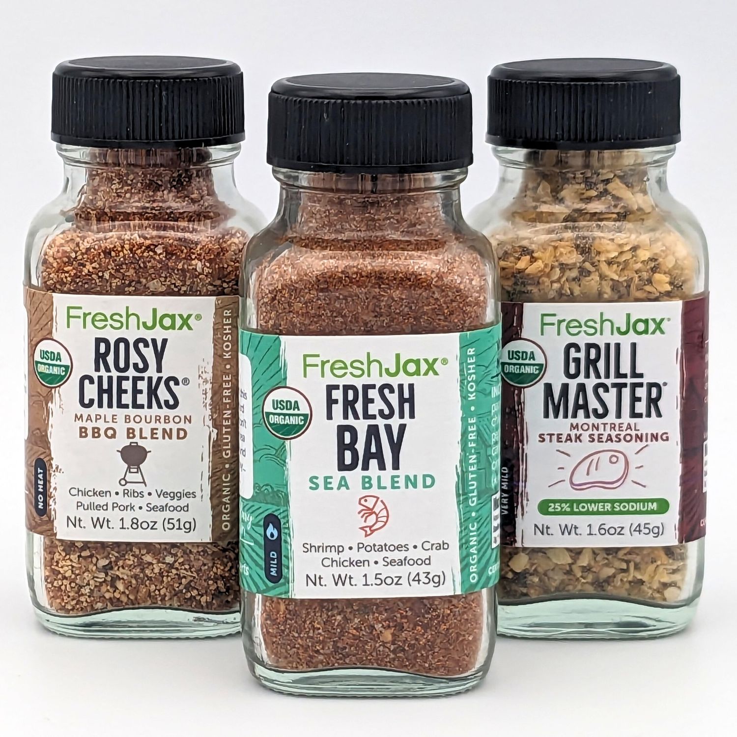 FreshJax Organic Surf n&#39; Turf Seasonings Gift Set | 3 Sampler Sized | Fresh Bay, Rosy Cheeks Maple Bourbon, Grill Master Steak Blend | Handcrafted in Jacksonville, Florida | Packed in a Gift Box