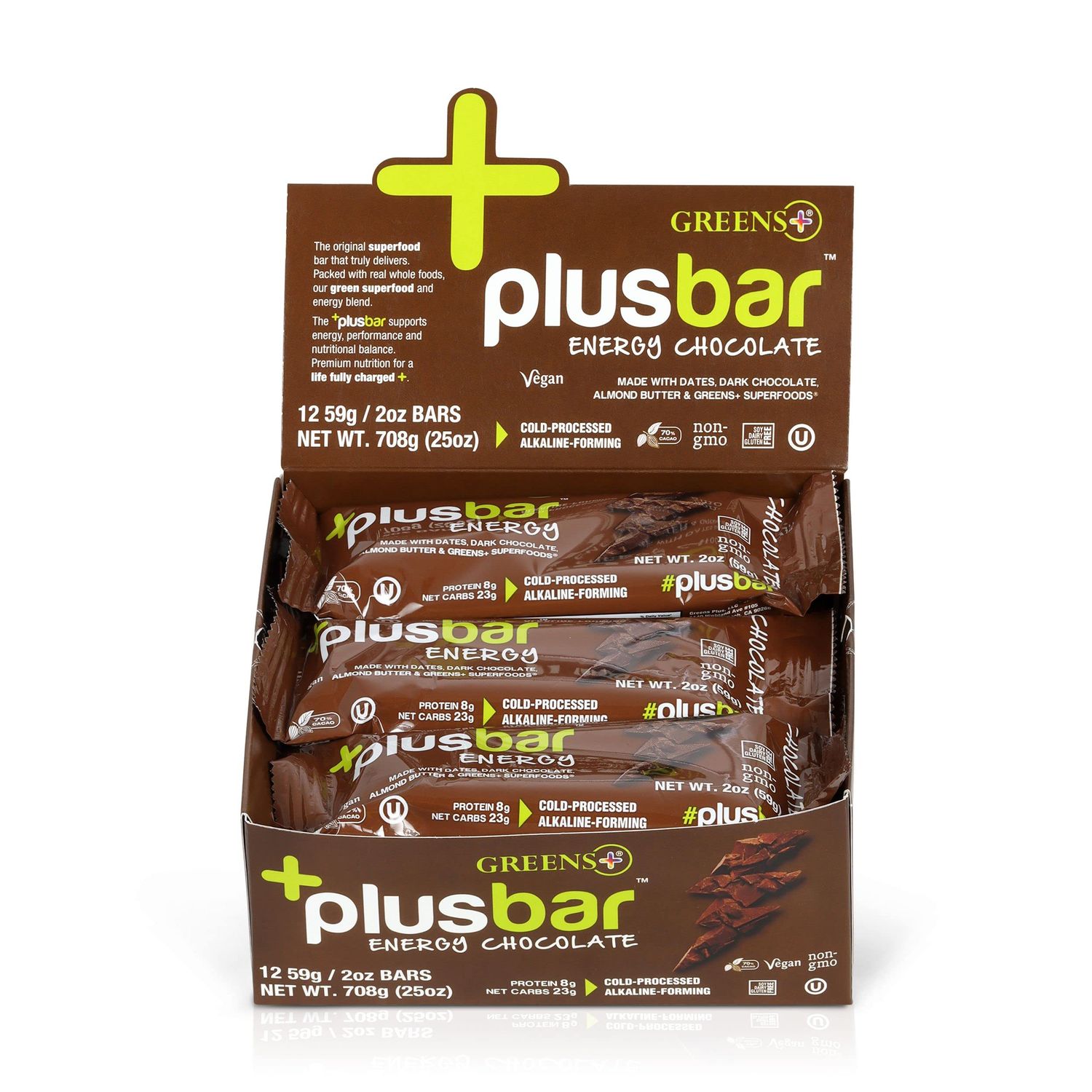 Greens+ Plusbar Energy Bars, Chocolate, Gluten Free Healthy Snacks with Organic Super Greens, Superfoods &amp; Dark Chocolate, Vegan, Dairy Free &amp; Non GMO, 8g Protein Meal Replacement Bars, 12 Bars