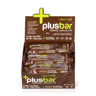 Greens+ Plusbar Energy Bars, Chocolate, Gluten Free Healthy Snacks with Organic Super Greens, Superfoods &amp; Dark Chocolate, Vegan, Dairy Free &amp; Non GMO, 8g Protein Meal Replacement Bars, 12 Bars
