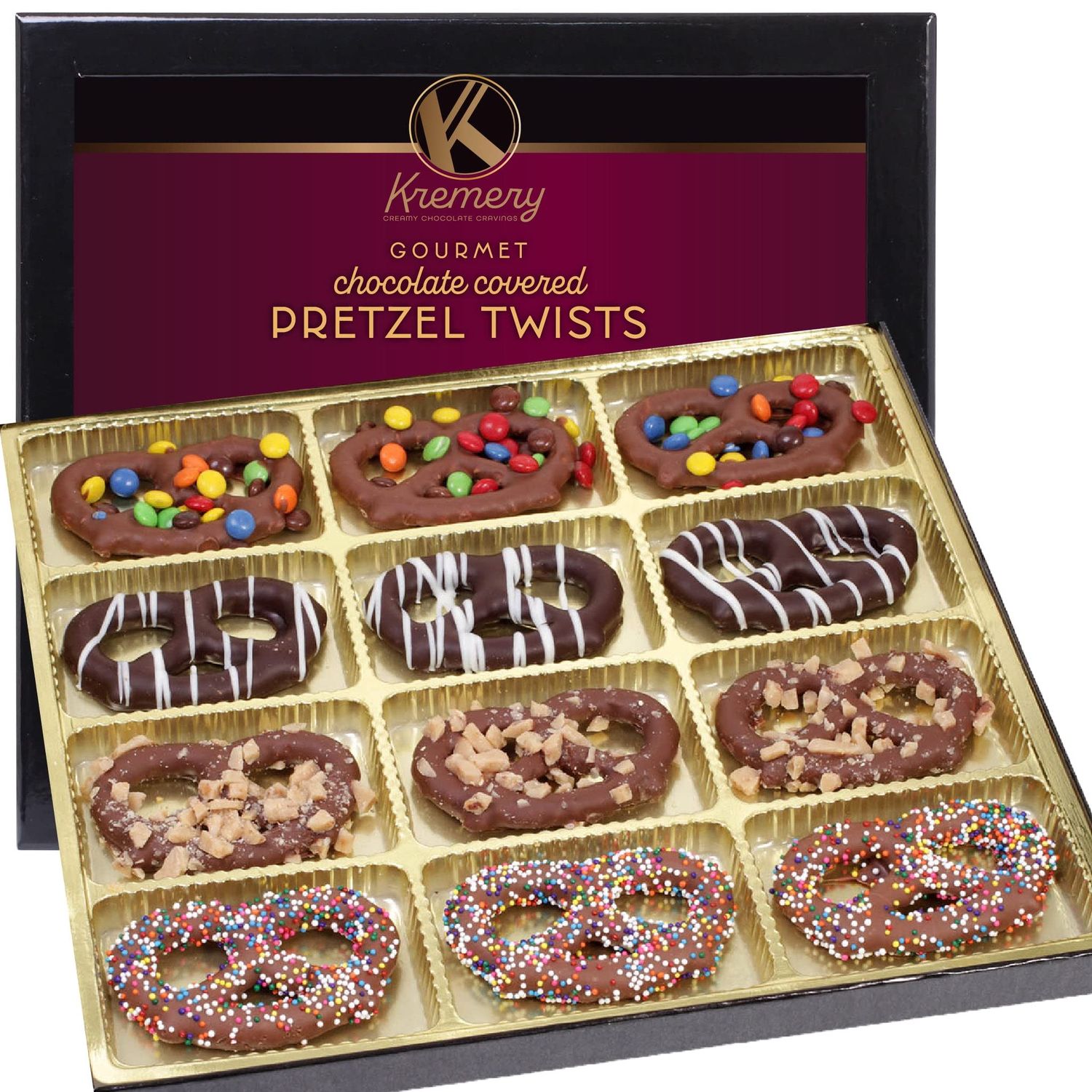 KREMERY Creamy Chocolate Cravings - Valentines Chocolate Covered Pretzel Twists Gift Basket (12 Count) Birthday Sweet Treats - Assorted Candy Toppings - Kosher Dairy Corporate