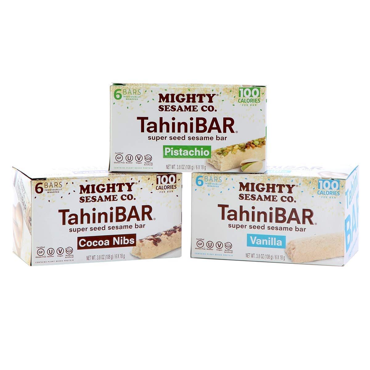 Mighty Sesame TahiniBars, Variety Pack (18 Bars) | 6 Pistachio - 6 Vanilla - 6 Cocoa Nibs | 100 Calorie Mini Halva Bars | Individually Wrapped