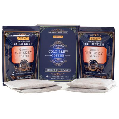 CREA8T Barrel Aged Cold Brew Cinnamon Whiskey flavored coffee - Pack of 4 Cold Brew GROUND Filter packets 2.5oz each totalling 10oz.