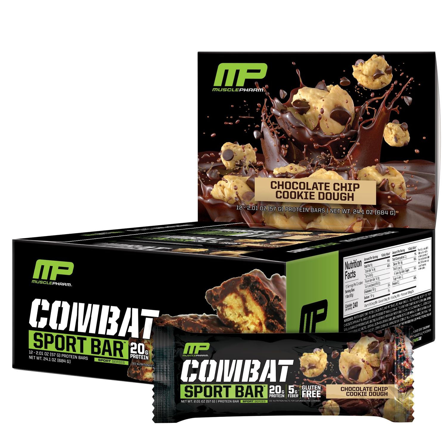 MusclePharm Combat Sport Bar, Chocolate Chip Cookie Dough, High Protein Bars, Combat Cravings, Fuel Performance &amp; Meet Energy Demands, 20g Protein from Whey Protein, 5g Fiber, Gluten Free, 12 Bars