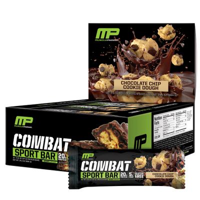 MusclePharm Combat Sport Bar, Chocolate Chip Cookie Dough, High Protein Bars, Combat Cravings, Fuel Performance &amp; Meet Energy Demands, 20g Protein from Whey Protein, 5g Fiber, Gluten Free, 12 Bars
