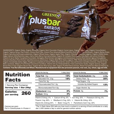 Greens+ Plusbar Energy Bars, Chocolate, Gluten Free Healthy Snacks with Organic Super Greens, Superfoods & Dark Chocolate, Vegan, Dairy Free & Non GMO, 8g Protein Meal Replacement Bars, 12 Bars