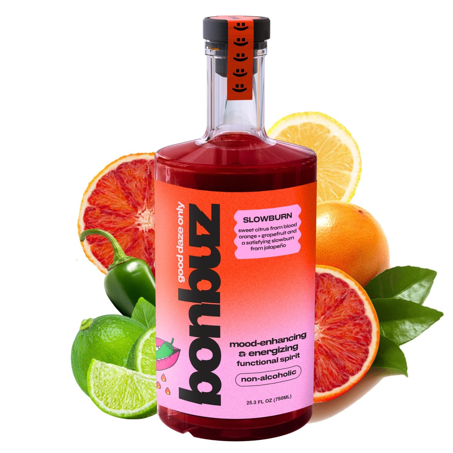 Bonbuz Slowburn - Functional Non Alcoholic Spirit - Spicy, Nootropic, Adaptogens, Low Calorie, Keto, Gluten-Free, Sugar-Free Liquor Replacement, Blood Orange Jalapeo Mocktail Mix - 750ml