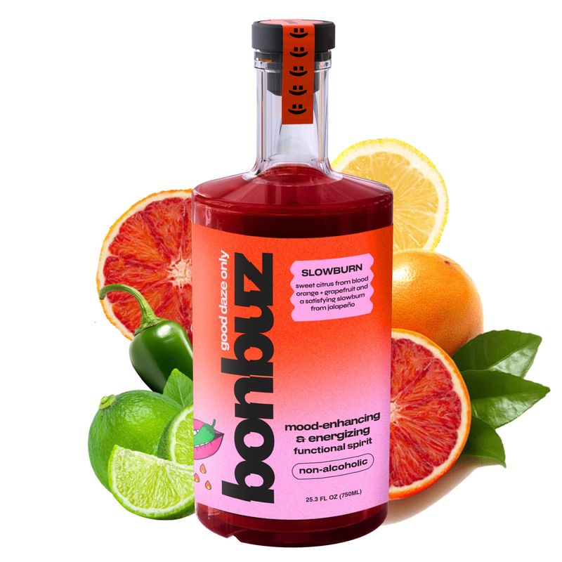 Bonbuz Slowburn - Functional Non Alcoholic Spirit - Spicy, Nootropic, Adaptogens, Low Calorie, Keto, Gluten-Free, Sugar-Free Liquor Replacement, Blood Orange Jalapeo Mocktail Mix - 750ml