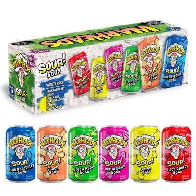 Sour Fruity Soda with Classic Warheads Flavors - Perfectly Balanced Sweet and Sour Soda - Warheads Candy Throwback Treat, Soda, Cocktail Mixer, Pack of 12, 12oz Cans (Variety Pack)