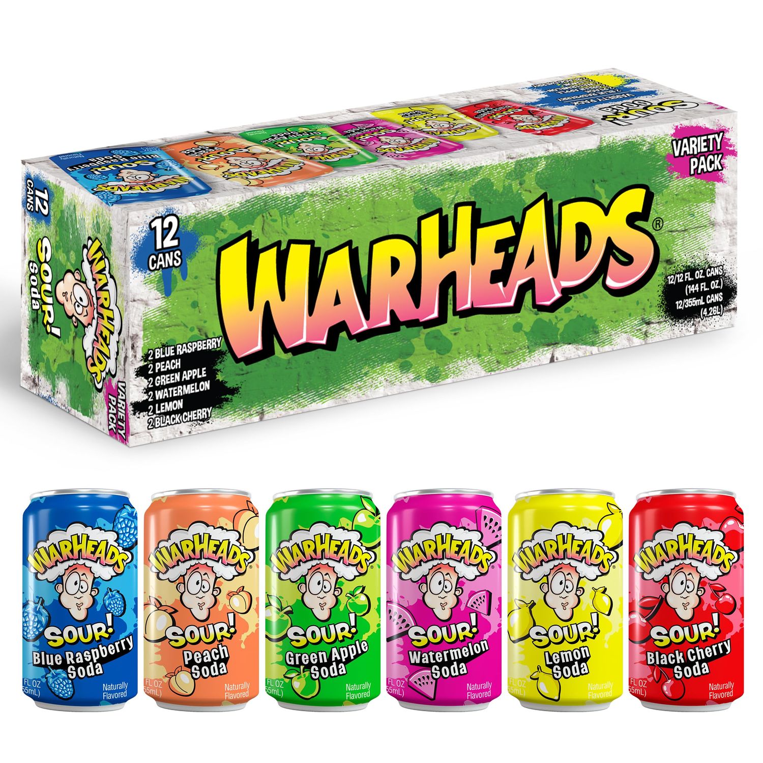 Sour Fruity Soda with Classic Warheads Flavors - Perfectly Balanced Sweet and Sour Soda - Warheads Candy Throwback Treat, Soda, Cocktail Mixer, Pack of 12, 12oz Cans (Variety Pack)