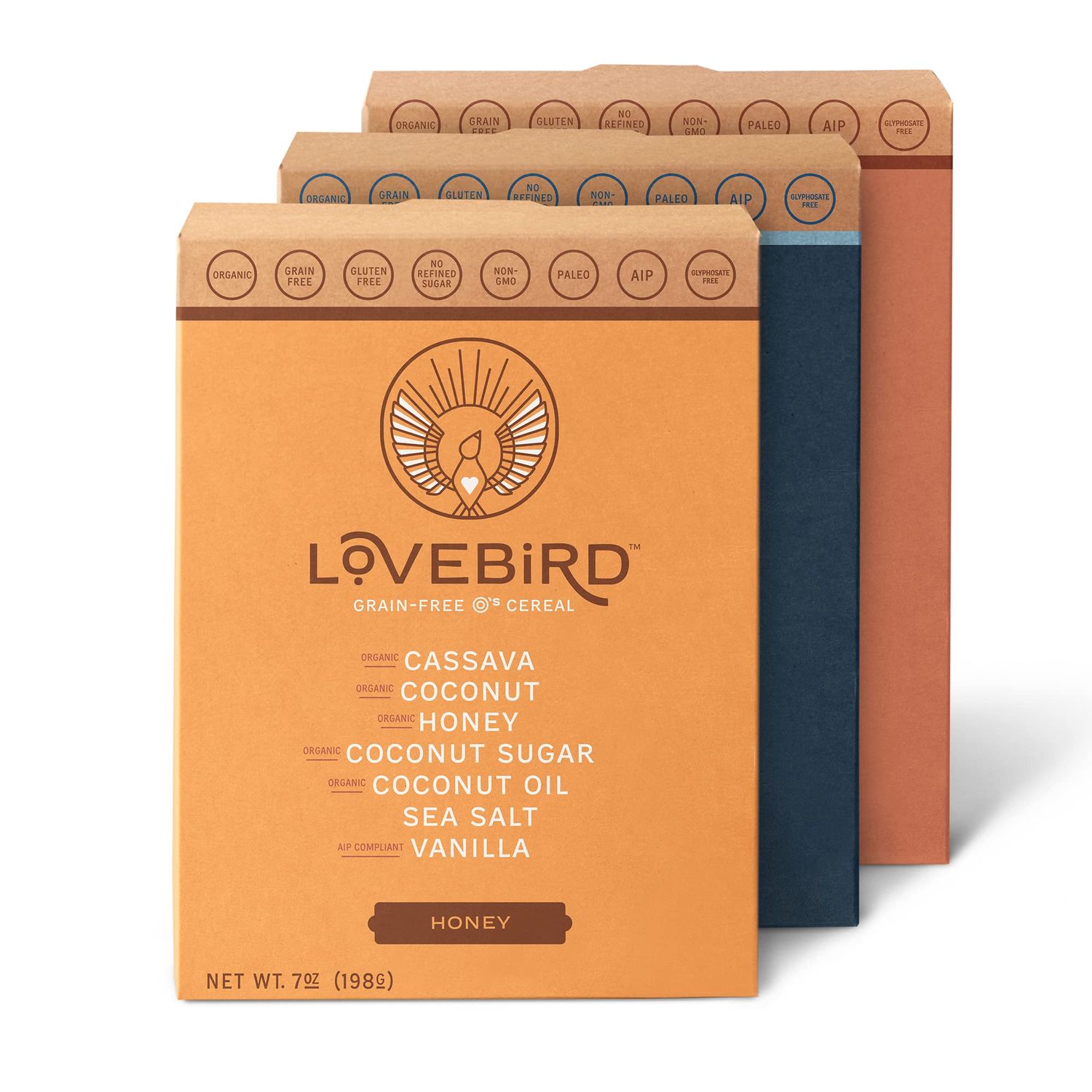 Lovebird Gluten &amp; Grain Free Cereal Variety 3 Pack - Organic AIP Food, Paleo Dairy Free, No Refined Sugar Breakfast Cereals | Healthy Snacks for Kids, Adults - Unsweetened, Honey, Cinnamon