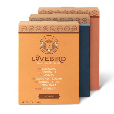 Lovebird Gluten &amp; Grain Free Cereal Variety 3 Pack - Organic AIP Food, Paleo Dairy Free, No Refined Sugar Breakfast Cereals | Healthy Snacks for Kids, Adults - Unsweetened, Honey, Cinnamon