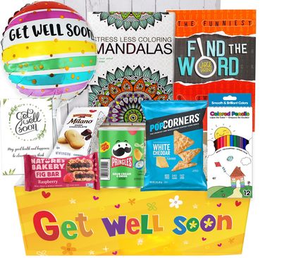 GET WELL GIFT Basket, package for Adults or kids Men, women, boy or girl Care package, Feel better soon for home or hospital, after surgery w/Balloon, candy &amp; snacks &amp; greeting card, Sympathy Gift
