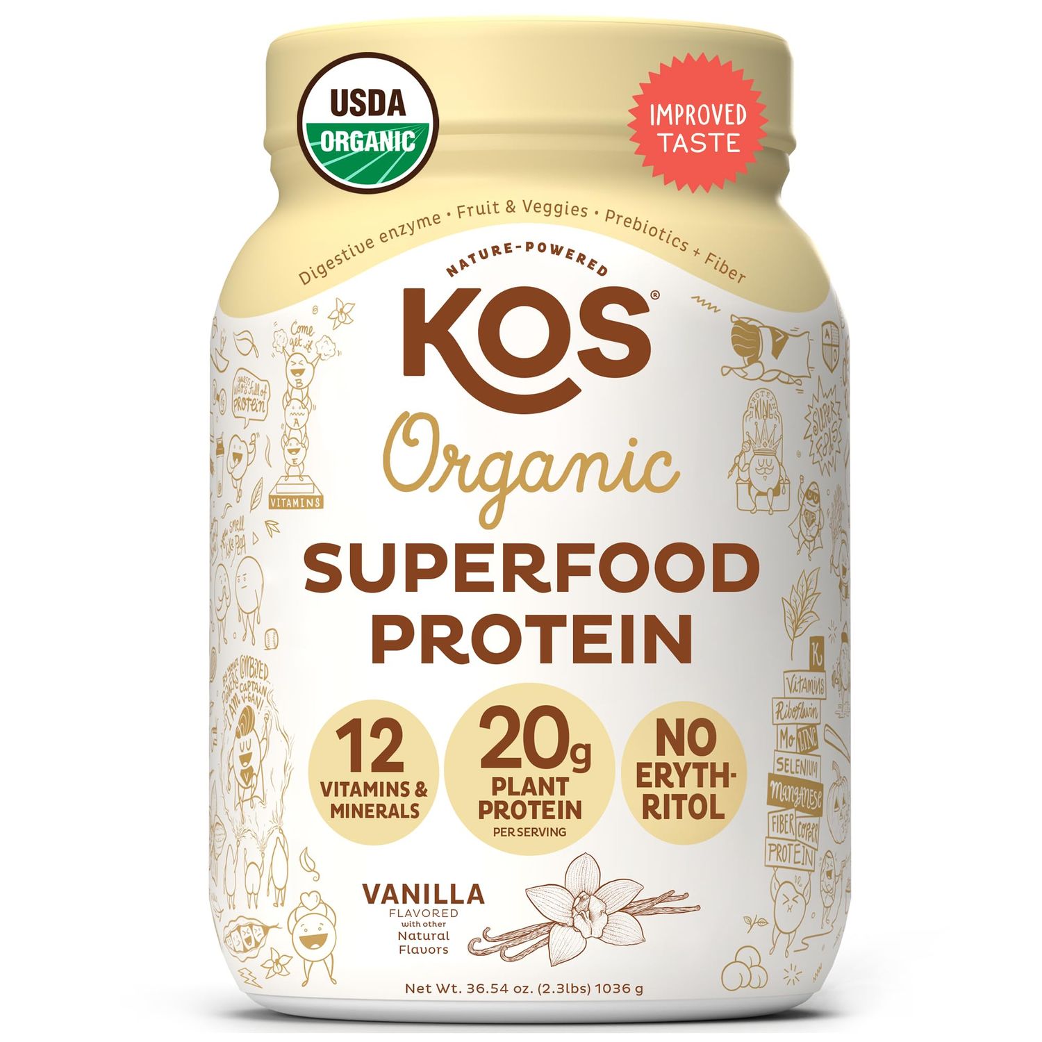 KOS Vegan Protein Powder Erythritol Free, Vanilla USDA Organic - Pea Protein Blend, Plant Based Superfood Rich in Vitamins &amp; Minerals - Keto, Dairy Free - Meal Replacement for Women &amp; Men, 28 Servings