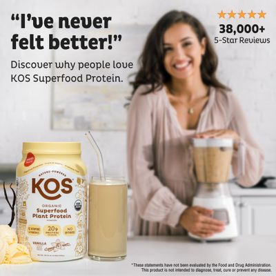 KOS Vegan Protein Powder Erythritol Free, Vanilla USDA Organic - Pea Protein Blend, Plant Based Superfood Rich in Vitamins &amp; Minerals - Keto, Dairy Free - Meal Replacement for Women &amp; Men, 28 Servings
