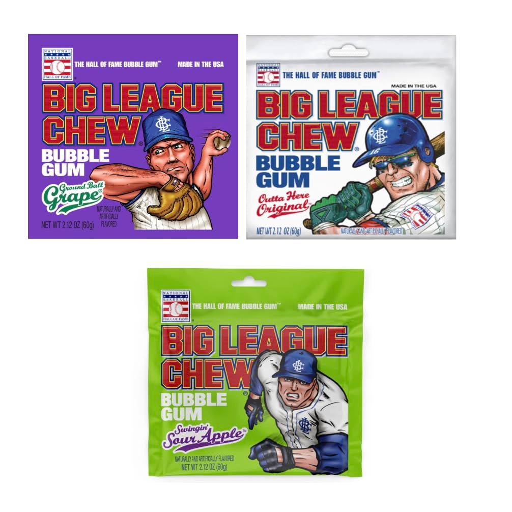 Big League Chew 3 Pack Variety 2.12 oz Bags - Original Bubble Gum, Ground Ball Grape and Swingin&#39; Sour Apple w/Exit 28 Bargains Sticker - Baseball Season Gum Variety Pack