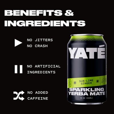 Yate Sparkling Yerba Mate - Sub-Lime Ginger - Brewed Organic Yerba Mate Tea, Natural, Clean Energy Alternative, Low Calorie, Low Sugar Plant Based Drink, 12 fl oz (355 ML) (12 Pack)