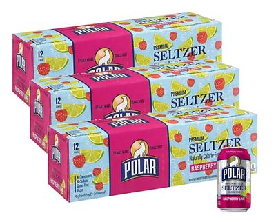 Polar Seltzer Water Raspberry Lime 100% Natural Sparkling Soda Beverage Soft Drink Cans - 3 Cases (36 Pack)