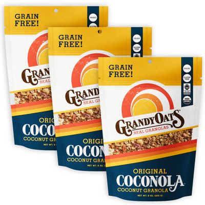 GrandyOats Original Coconola Gluten Free Granola - Certified Organic, Paleo Friendly, Non-GMO, Grain-Free, Low Carb and Low Sugar, 9oz Bags, Bulk Pack of 3