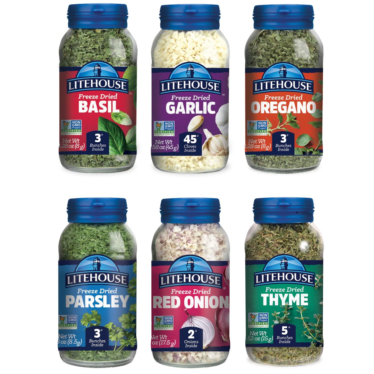 Litehouse Freeze-Dried Herb Variety Gift Set, (Basil, Garlic, Oregano, Parsley, Red Onion, Thyme) - Substitute for Fresh Herbs, Organic Spice, Gluten-Free, Keto Friendly, Non-GMO - 6-Pack