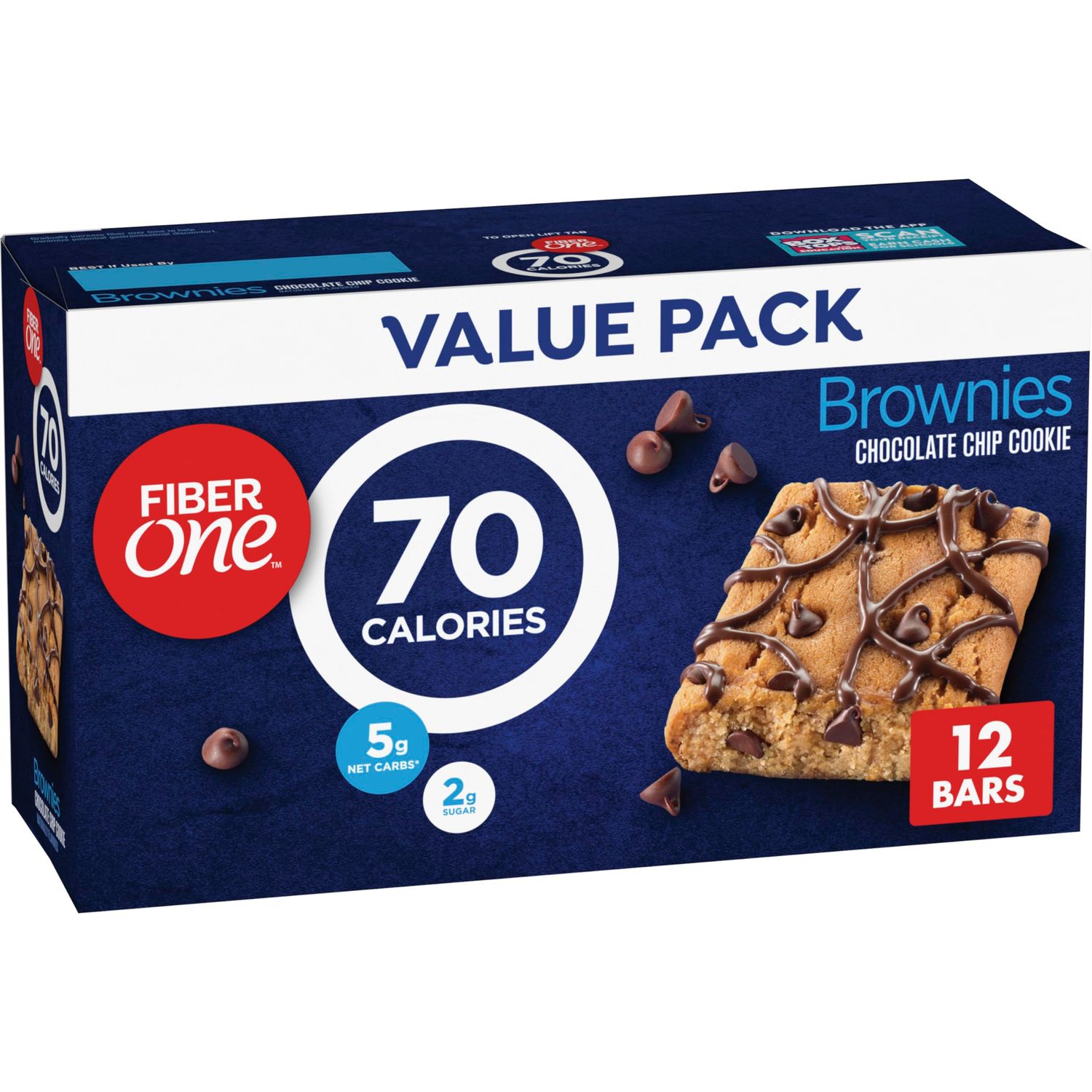 Fiber One 70 Calorie Brownies, Chocolate Chip Cookie, 2g Sugar, Value Pack, 12 Count, 10.6 oz