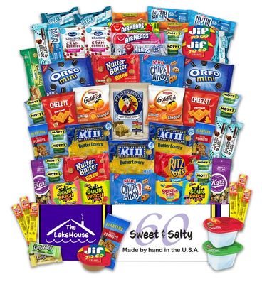 Snacks Variety Pack for Adults Kids Students - 60 Count Sweet and Salty - Inmates Soldiers Men Women - Camp Care Package Gift Basket - College Treats, Office Snacks, Snack Packs by The LakeHouse
