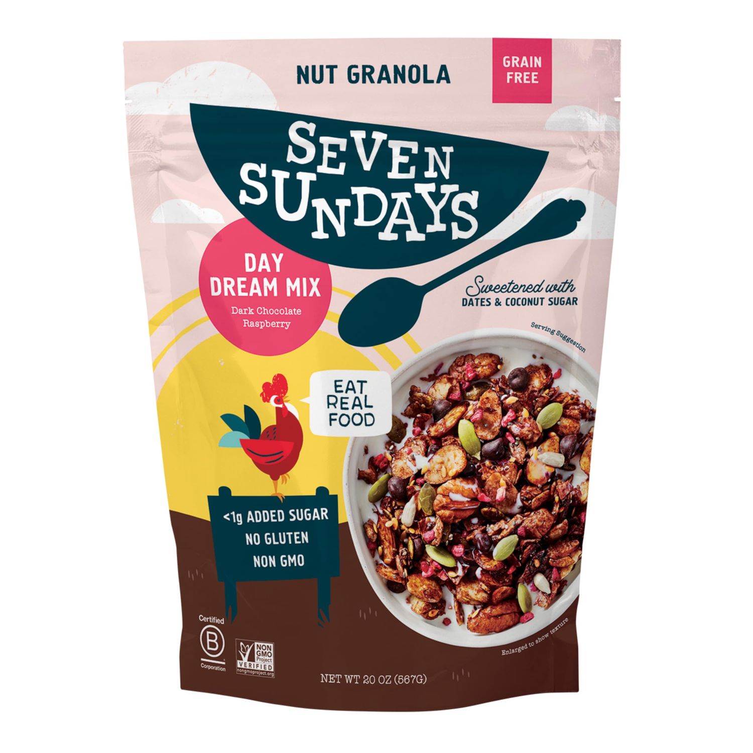 Seven Sundays Nut Granola Cereal, Day Dream Dark Chocolate Raspberry, 20 Oz Bag, Grain &amp; Gluten Free, 4g Protein, 5g Net Carbs, Keto Friendly